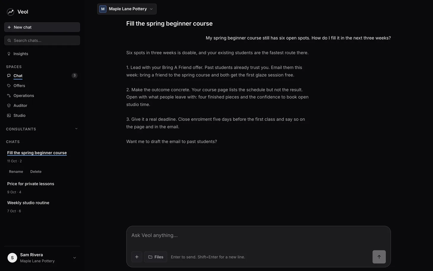 The Veol AI chat for a made-up pottery studio: the owner asks how to fill six open spots in a beginner course, and Veol AI answers with three steps.