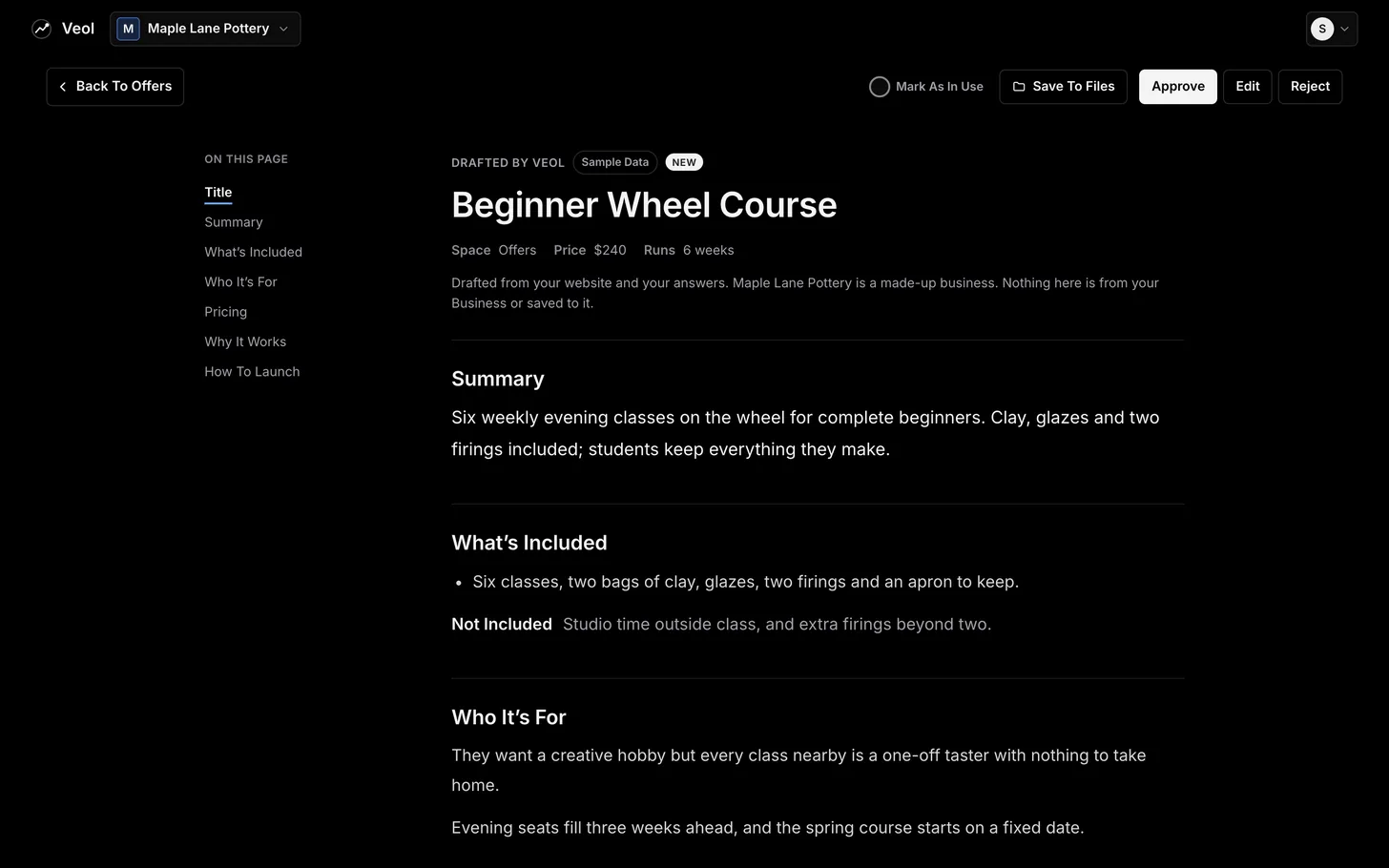 A Veol AI offer draft opened in full for a made-up pottery studio: the Beginner Wheel Course, with its summary, what is included and who it is for.